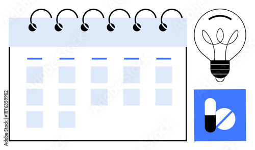 Healthcare management, scheduling, innovation, medical planning, time management, creative thinking. A calendar, light bulb and medicine capsule icons. Healthcare management and scheduling concept