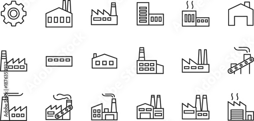 Industrial factory line icons set, manufacturing buildings and production facilities symbols for industry, logistics, construction design
