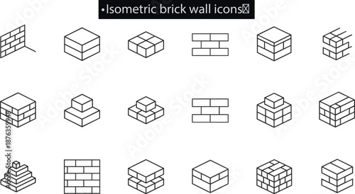 Isometric brick wall icons, construction block patterns, masonry design elements, architectural symbols, 3D building structure illustrations