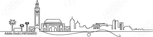 One continuous line drawing of Casablanca city skyline, Morocco. Beautiful landmark wall decor poster. World landscape tourism and travel vacation. one line Icon drawing