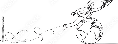 Single one line drawing young smart business man flying with paper airplane around the world. Business trip metaphor concept. one line Icon drawing