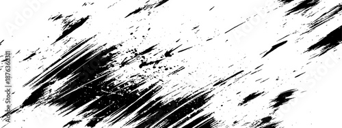 Diagonal black ink brush strokes and paint splatter texture grunge overlay vector background