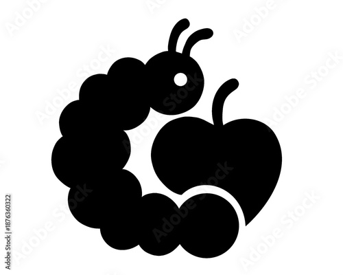 black silhouette of a caterpillar eating an apple, vector illustration, sign and symbol
