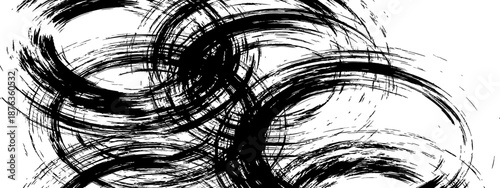Black and white grunge texture vector with chaotic circular brush strokes and abstract distressed paint marks