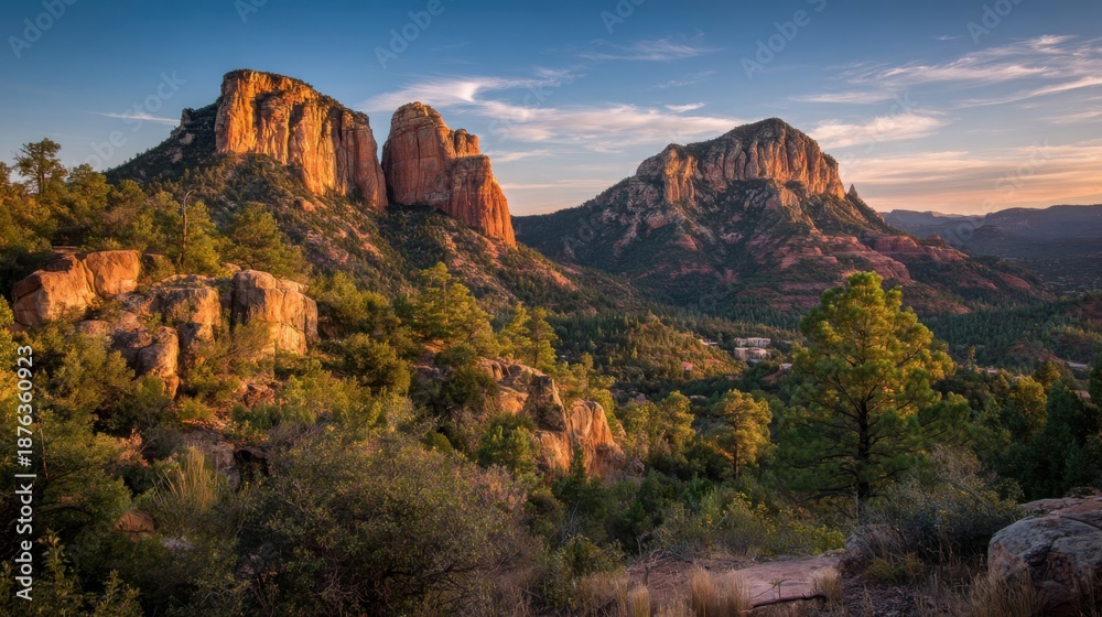 Naklejka premium Majestic red rock canyon formations illuminated by warm golden sunset light in Arizona