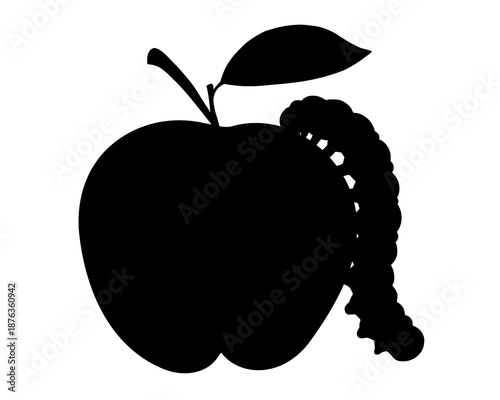 black silhouette of a caterpillar eating an apple, vector illustration, icon isolated on white background
