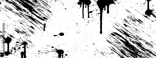 Abstract black grunge texture vector with ink drips paint splatters and diagonal brush strokes messy distressed background