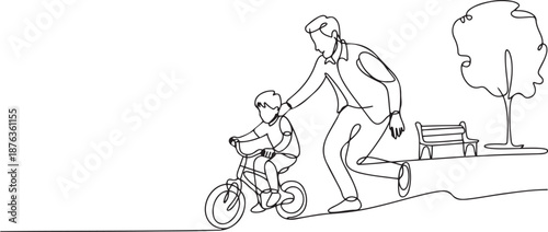 Single continuous line drawing of young son learning ride bicycle with father at outdoor park. Parenthood lesson. Family time concept. one line Icon drawing
