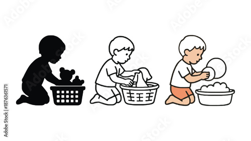 A child is shown in three different stages of playing with toys and doing laundry.