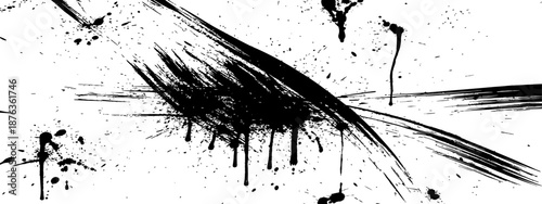 Dynamic abstract black paint stroke splash vector graphic background with dripping ink and splatters