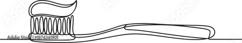 Single one line drawing toothbrush with toothpaste. Dental care equipment at home. Brushing teeth. Teeth care concept. one line Icon drawing