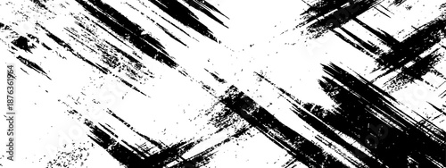Black and white grunge distressed texture overlay with diagonal rough ink brush strokes paint splatter pattern