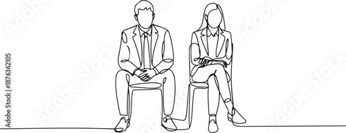 One continuous line drawing of young male and female interviewee sitting on chair waiting for their turn to be interviewed. Job applicant process concept. one line Icon drawing