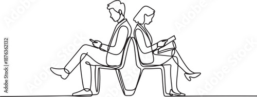 One continuous line drawing of young male and female interviewee sitting on chair waiting for their turn to be interviewed. Job applicant process concept. one line Icon drawing