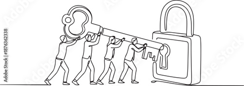 Continuous one line drawing business team holding and carrying big key to unlock the lock. Cooperative teamwork, collaborative business concept. one line Icon drawing