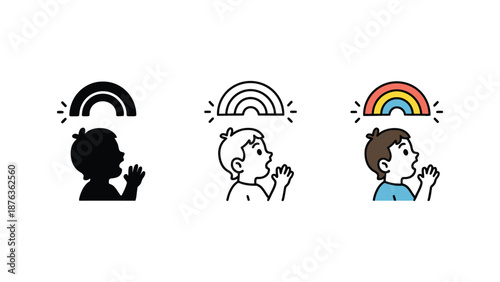 Child looking up at a rainbow in three different illustration styles.
