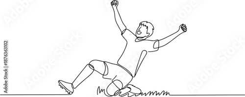 One continuous line drawing of young sporty soccer player sliding on the field emotionally after scoring a goal. Match goal scoring celebration concept. one line Icon drawing