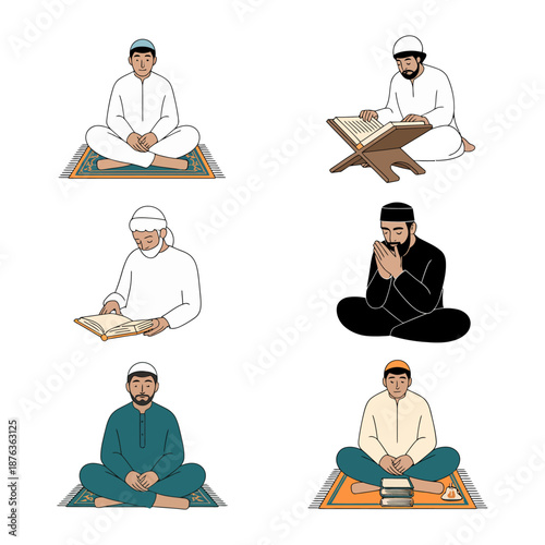 Photos Spiritual Devotion: A collection of illustrations depicting individuals in moments of prayer and contemplation, signifying faith and devotion