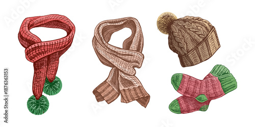 Hand drawn vintage sketch of winter knitted hat, scarves and socks in red, brown and green, color vector set