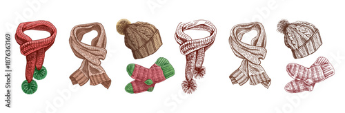 Hand drawn vintage sketch of knitted scarf, hat and socks in color and monochrome version, cozy winter set