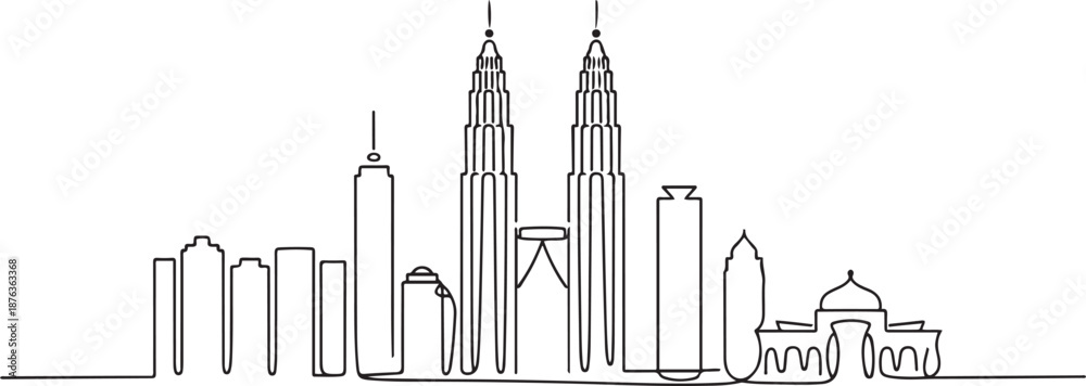 Obraz premium One single line drawing of Kuala Lumpur city skyline, Malaysia. Historical town landscape in the world. Best holiday destination. one line Icon drawing