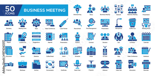 Business Meeting collection set. Brainstroming, Business Meeting ,Network, Presentation, Business Meeting, Recruitment , Team Management, Vision, icon. Simple Dual Tone vector illustration