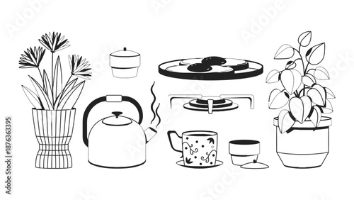 A collection of kitchen items and plants is arranged on a white background.