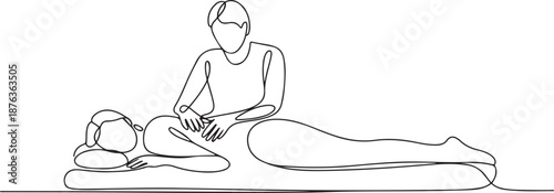 Single continuous line drawing woman patient lying on massage table therapist doing healing treatment massaging injured hand manual physical therapy rehabilitation concept. one line Icon drawing
