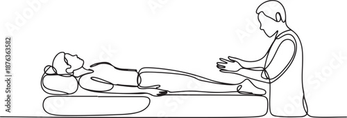 Single continuous line drawing woman patient lying on massage table therapist doing healing treatment massaging injured hand manual physical therapy rehabilitation concept. one line Icon drawing