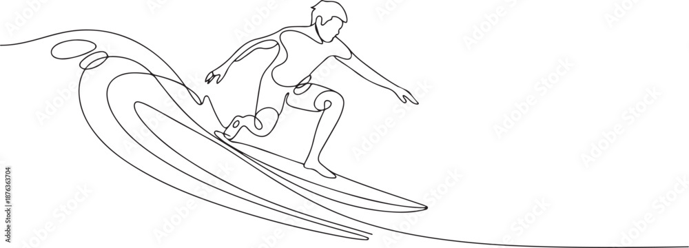 Fototapeta premium Single continuous line drawing young professional surfer in action riding the waves on blue ocean. Extreme watersport concept. Summer vacation. one line Icon drawing