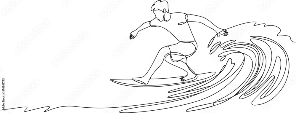 Fototapeta premium Single continuous line drawing young professional surfer in action riding the waves on blue ocean. Extreme watersport concept. Summer vacation. one line Icon drawing