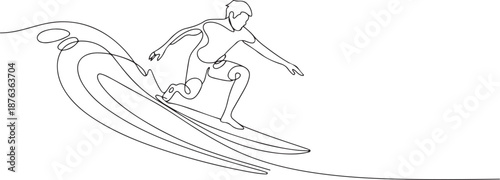 Single continuous line drawing young professional surfer in action riding the waves on blue ocean. Extreme watersport concept. Summer vacation. one line Icon drawing