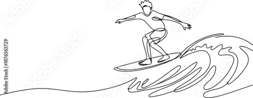 Single continuous line drawing young professional surfer in action riding the waves on blue ocean. Extreme watersport concept. Summer vacation. one line Icon drawing