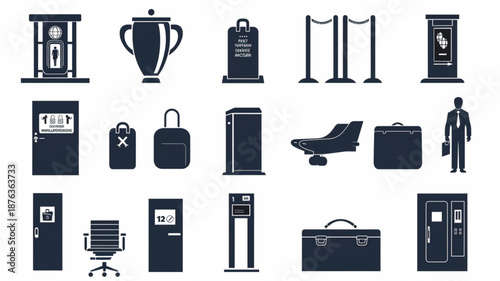 Airport security and check-in icon set, travel safety, passenger screening, customs control, aviation security measures