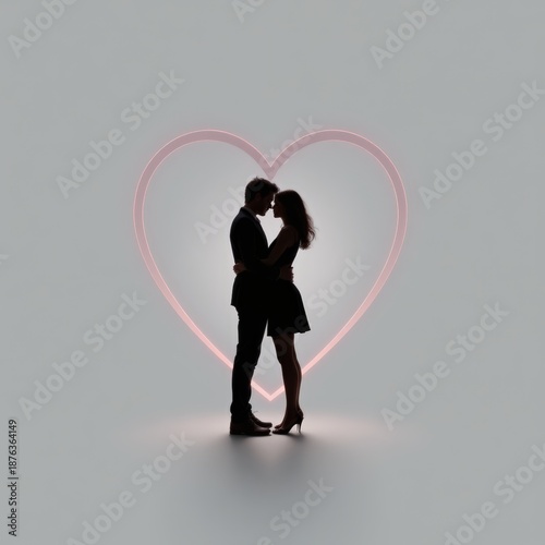 Romantic Couple Silhouette Embracing in a Heart - Valentine's Day Conceptual Illustration with Cinematic Lighting and White Space