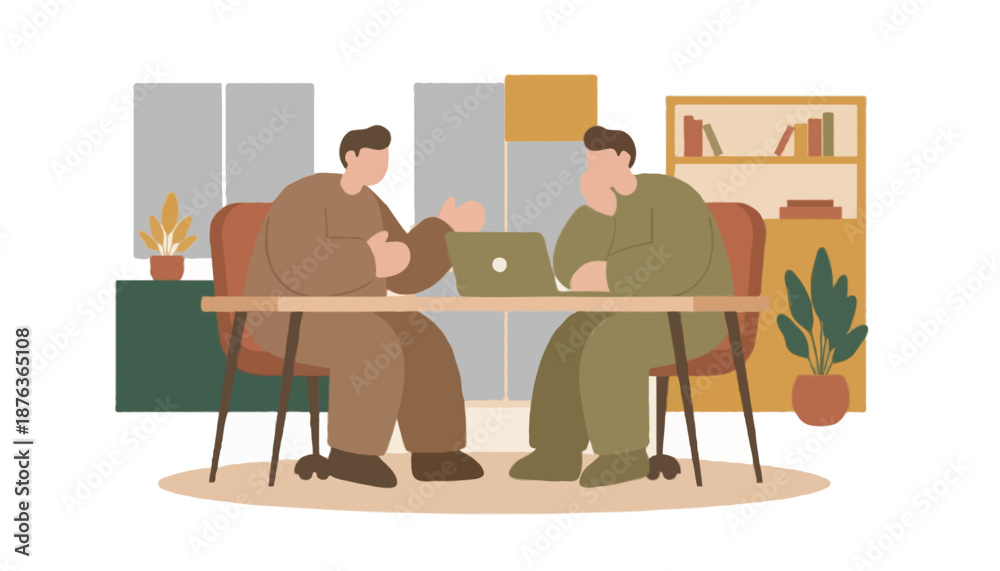 Fototapeta premium Flat 2D vector illustration of a startup team brainstorming session