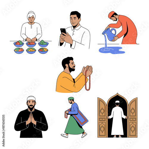 Islamic Life: Depicts various facets of Islamic life and practices. It captures the essence of devotion, with individuals engaged in prayer, reflection, and acts of worship. 