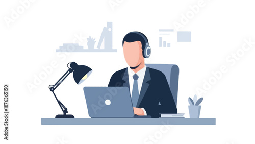 Flat 2D vector illustration of corporate remote work in a professional context