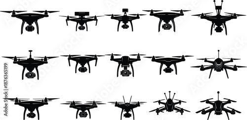 Professional Drone Silhouette Set Vector Collection Featuring Various Quadcopter Models Remote Control Aircraft for Modern Aerial Photography Technology and Commercial Surveillance Graphics