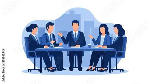 Flat 2D vector illustration of an enterprise client meeting in corporate blue tones