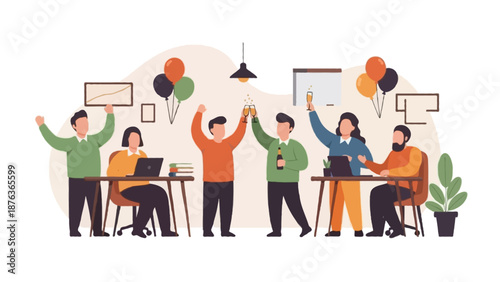 Flat 2D vector illustration of a startup launch celebration scene