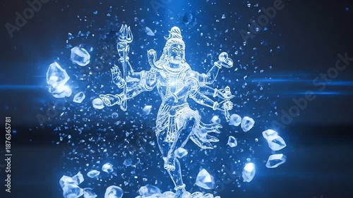 Dynamic water sculpture of Hindu deity Shiva in motion.