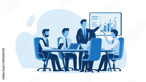 Flat 2D vector illustration of a formal enterprise business meeting using corporate blue colors