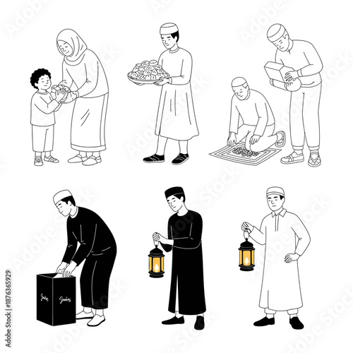 Ramadan Celebrations: The image portrays scenes of Ramadan, including individuals giving, praying, and engaging in charitable activities, conveying the essence of the holy month.