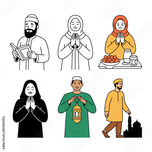 Harmony of Faith: A collection of diverse individuals, each embodying the spirit of reverence, peace, and cultural richness through prayer, reflection, and acts of devotion.