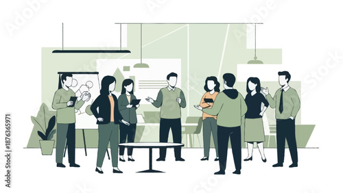 Flat 2D vector illustration of an agile stand-up meeting in a startup office