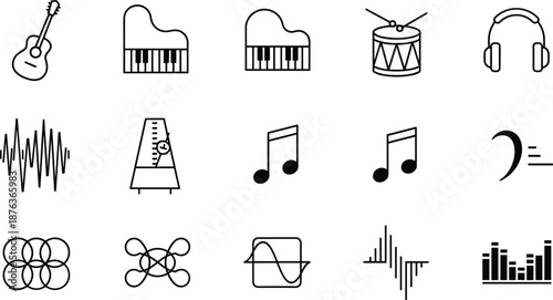 Minimalist Music Instrument and Audio Icon Set Featuring Guitar Piano Headphones Metronome and Sound Waves for Musical Studio Production Web Graphic Design