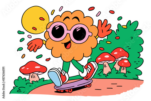 Playful Cartoon Character Skateboarding in a Blooming Meadow