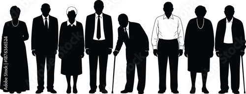 Senior people silhouettes standing together with walking canes, elderly men and women isolated black vector retirement healthcare illustration set