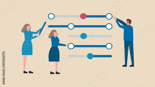 Flat illustration of professionals adjusting sliders on a large control panel together